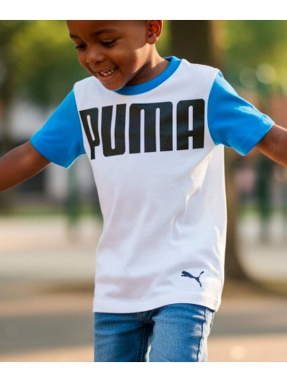 Puma Kids White & Blue Graphic Logo Short-Sleeve T-Shirt - Breathable Cotton Ble